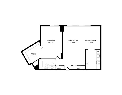 Floor plan for 1 bed, 1 bath, 773 sqft